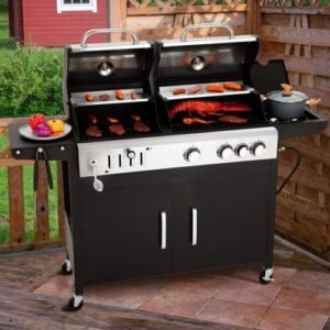 Dual Fuel BBQ Grill Propane Gas & Charcoal Grill with Side Burner Outdoor Black