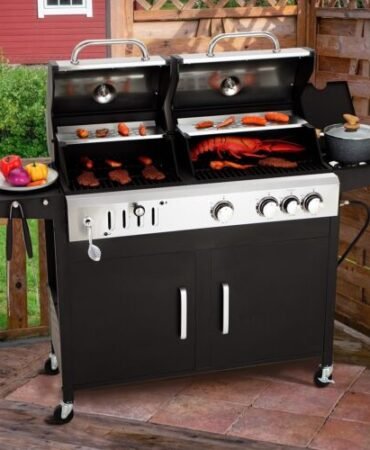 Dual Fuel BBQ Grill Propane Gas & Charcoal Grill with Side Burner Outdoor Black