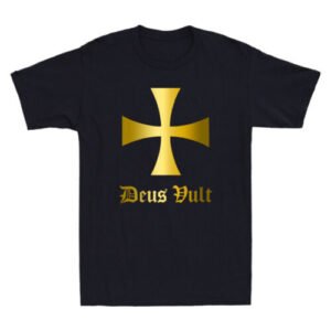 Deus Vult Knights Templar Cross, Crusader Golden Print Vintage Men's T-Shirt NEW