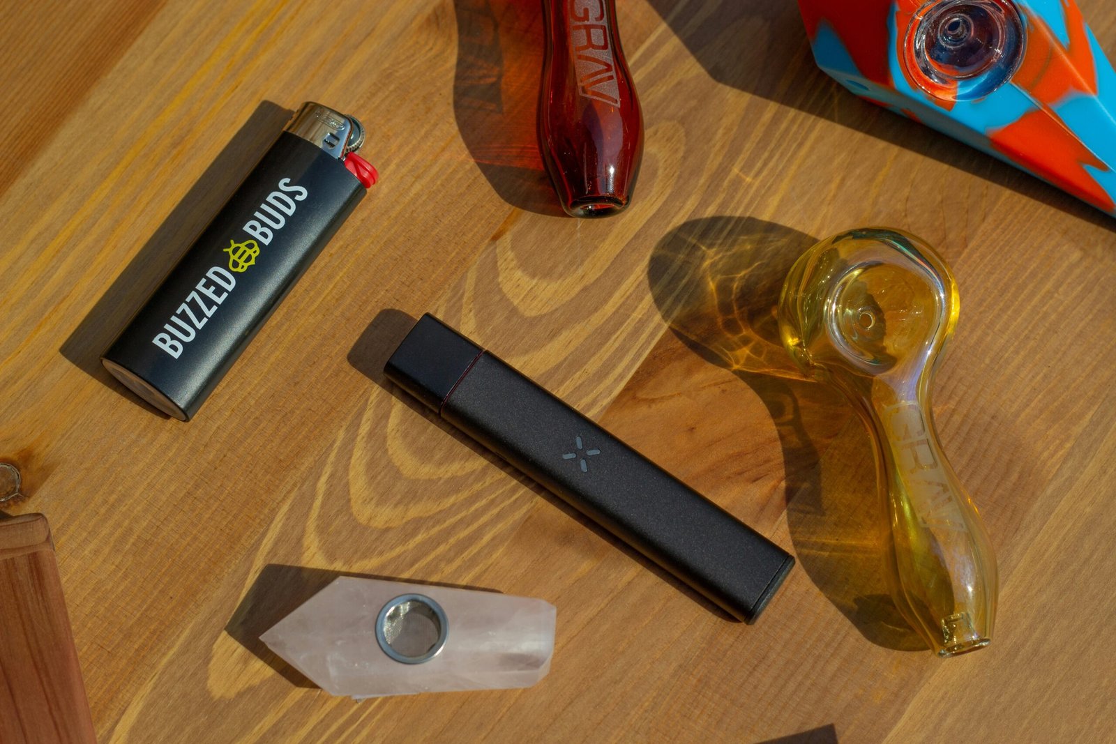 a wooden table topped with different types of items