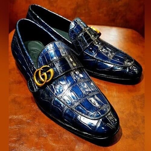 Custom-Made Premium Loafers Blue Alligator Print Leather Moccasin Trending Shoes