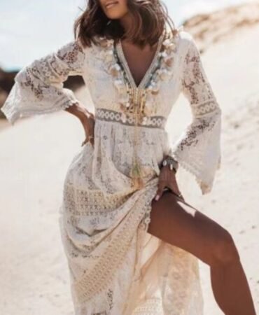 Women's Boho Maxi Lace V Neck Flare Sleeve Dress Summer Party Beach Sundress