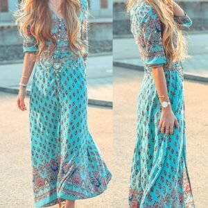 Women's Lady Boho Kimono Sleeve Floral Long Maxi Summer Beach Dress Sundress