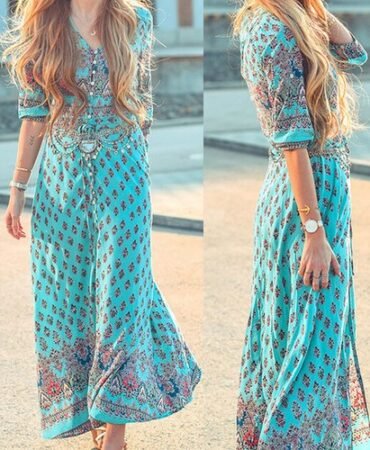 Women's Lady Boho Kimono Sleeve Floral Long Maxi Summer Beach Dress Sundress