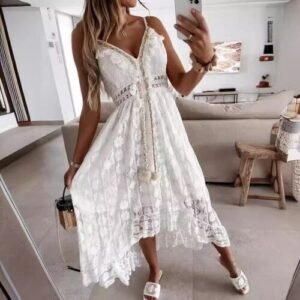 Women's Crochet Lace Maxi Dress Spaghetti Strap V Neck Cami Beach Boho Sundress