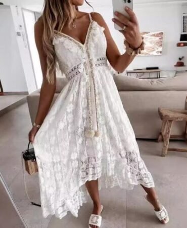 Women's Crochet Lace Maxi Dress Spaghetti Strap V Neck Cami Beach Boho Sundress