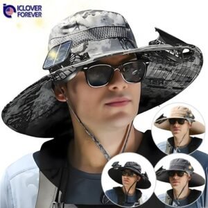 Solar Fan Hat Men Wide Brim Sun Fishing Outdoor Bucket Rechargeable With 2 Fan