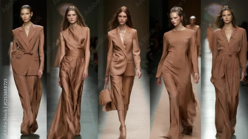 Models present elegant outfits dresses and costumes featuring the mocha mousse color of ...