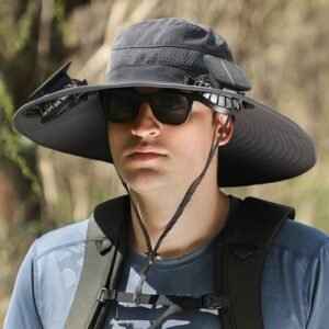 Unisex Outdoor Solar Powered Fan Wide Brim Hat with 2 Fans for Fishing Hiking