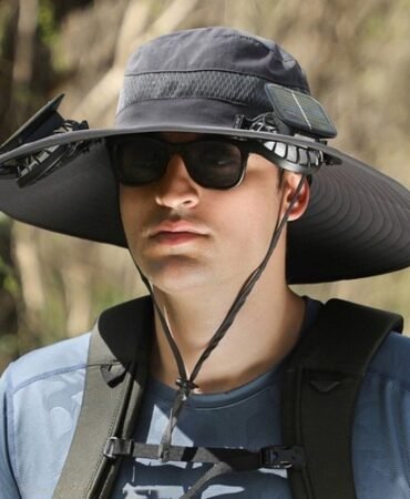 Unisex Outdoor Solar Powered Fan Wide Brim Hat with 2 Fans for Fishing Hiking