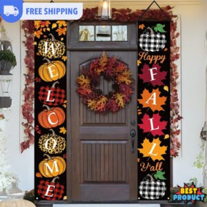 1 Pair Front Door Banner Autumn Porch Sign Pumpkin Maple Leaf Pattern Fall Decor