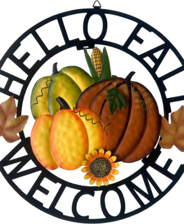 Metal Hanging Pumpkin Hello Fall Welcome Wreath Autumn Fall Harvest Decor for F