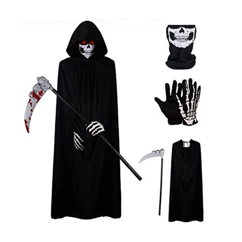 Halloween Grim Reaper Costume Scary Ghost Cosplay Props Kid Adult Size 4 Pcs Set