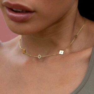 18k Gold Clover Choker Necklace Four-Leaf Minimalist Birthday Gifts For Women