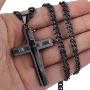 Stainless Steel Black Double Cross Men Necklaces Pendants Chain, Great Gift