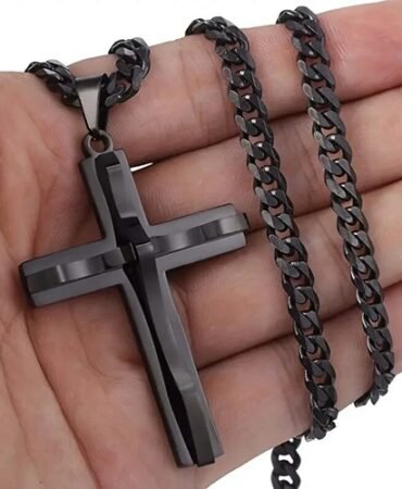 Stainless Steel Black Double Cross Men Necklaces Pendants Chain, Great Gift