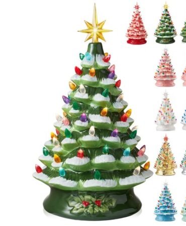 15" Pre-Lit Ceramic Christmas Tree Hand-Painted Tabletop with Lights