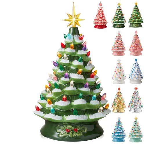 15" Pre-Lit Ceramic Christmas Tree Hand-Painted Tabletop with Lights