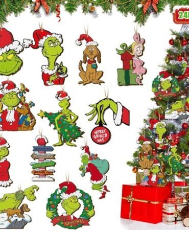 24 PCS Grinch Christmas Tree Ornaments, Hanging Xmas Grinch Wooden Decorations