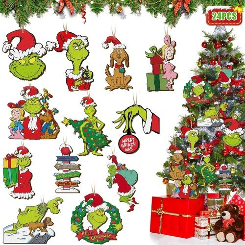 24 PCS Grinch Christmas Tree Ornaments, Hanging Xmas Grinch Wooden Decorations
