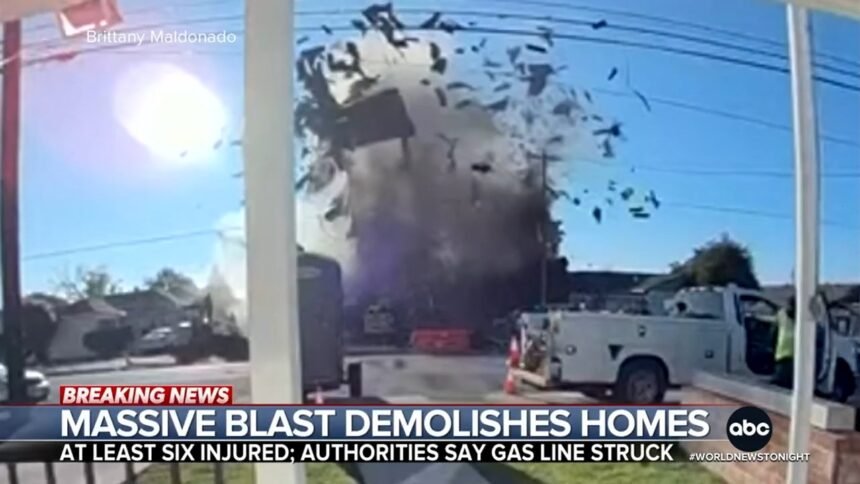 A catastrophic explosion rocked a neighborhood in Hayward, CA, destroying at least two homes and injuring at least six people, officials said. Prior to the blast, a construction crew hit an underground gas line, authorities said. Melissa Adan has more. https://abcnews.link/XFjNgys | ABC World News Tonight with David Muir