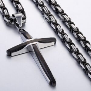 18-30" Men Boys Black Stainless Steel Cross Pendant Necklace Byzantine Box Chain