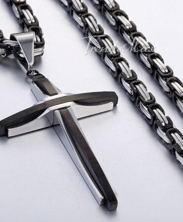 18-30" Men Boys Black Stainless Steel Cross Pendant Necklace Byzantine Box Chain