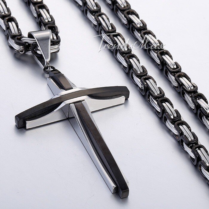 18-30" Men Boys Black Stainless Steel Cross Pendant Necklace Byzantine Box Chain