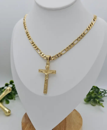 Gold Crucifix Necklace for Men, 5mm Round Figaro Chain, 14K Heavy Plated Gold