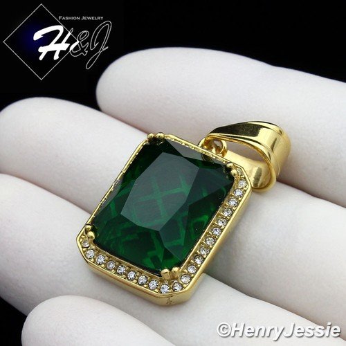 MEN's Stainless Steel Green Rhinestone Gold Plated Charm Pendant*GP98