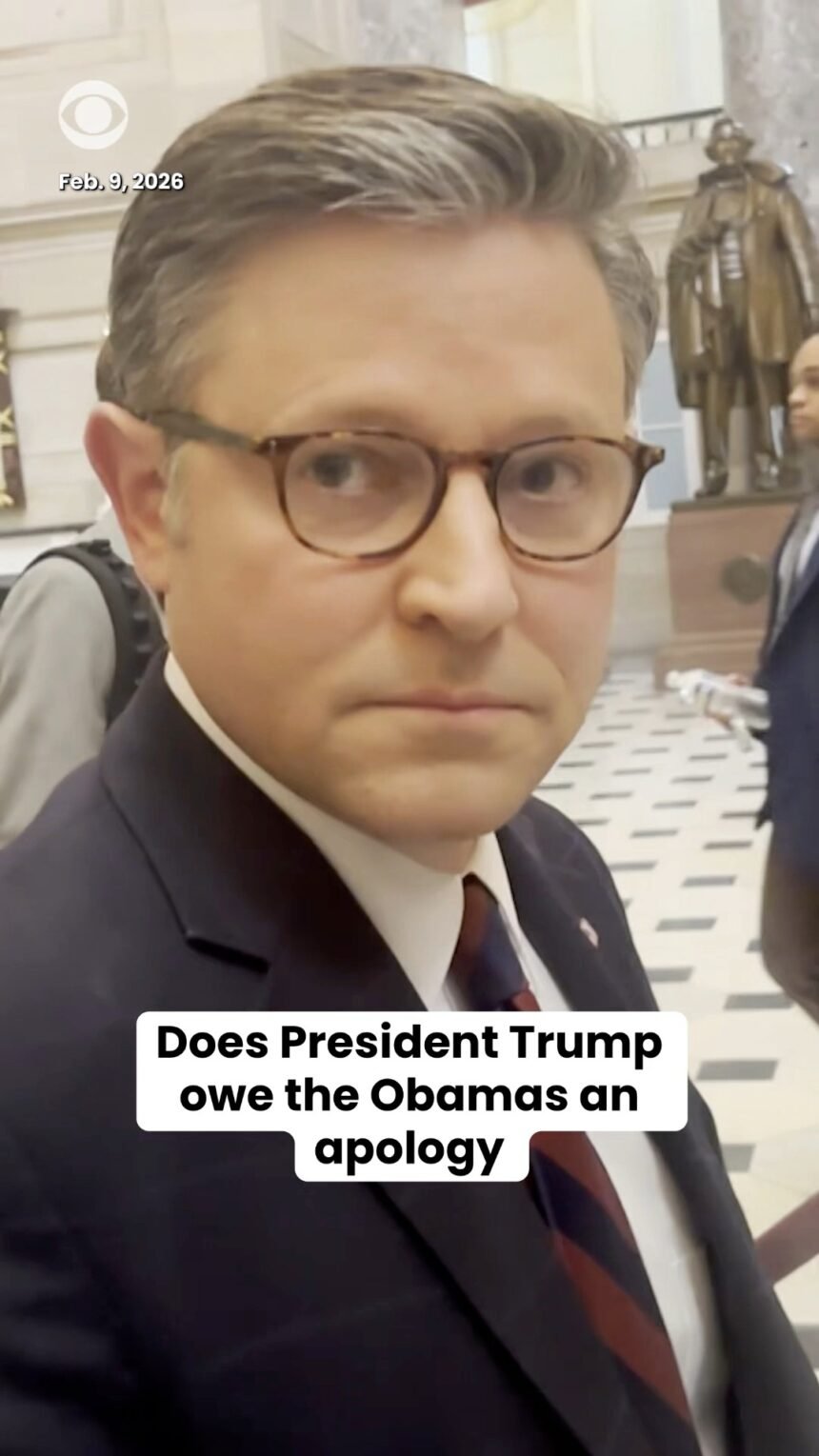 When asked if President Trump owes the Obamas an apology for a post that included racist footage shared to his TruthSocial last week that was later taken down by the White House, House Speaker Mike Johnson told CBS News that Trump called the social media post “a big mistake,” adding that the president did not know about the video before it was shared and “did not like it.” A White House official said a staffer “erroneously made the post.” https://www.cbsnews.com/news/trump-shares-racist-video-depicting-obamas-as-apes/?linkId=903934802