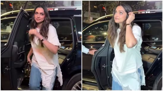 Deepika Padukone aces the layering game in white tee, lace dress and denims; her simple glam steals the show