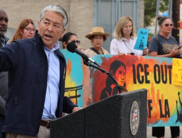 Immigration activists celebrate as ICE agents depart Terminal Island