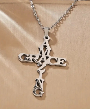 Unisex Men's & Women's AMAZING GRACE Cross Pendant Necklace Stainless Steel USA