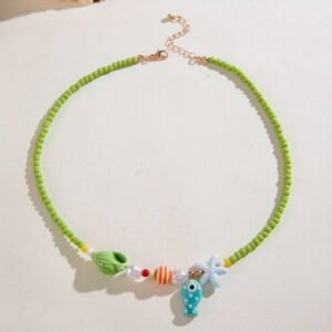 Bohemian Little Fish Ceramic Pendant Green Beaded Necklace New Women's Jewelry