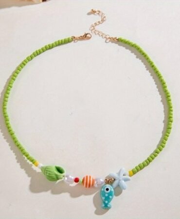Bohemian Little Fish Ceramic Pendant Green Beaded Necklace New Women's Jewelry