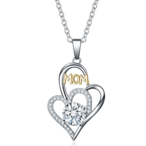 Women Silver Love Heart MOM Cubic Zirconia Pendant Necklace 18" Gift PE42