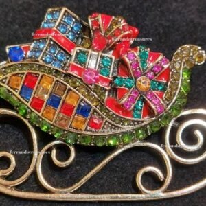 Christmas Brooch Sleigh Full of Gifts Crystal Rhinestone Pin and Red Velvet Bag