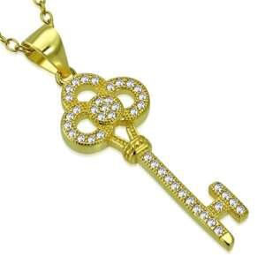 925 Sterling Silver Yellow Gold-Tone White Clear CZ Key Pendant Necklace, 18"