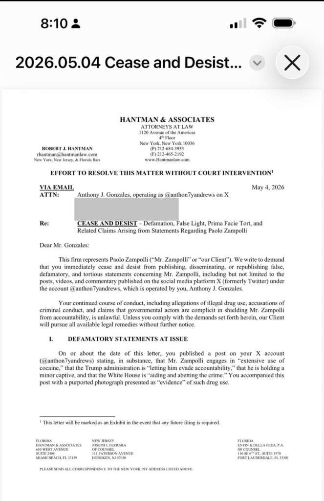 Trump’s ‘Special Envoy’ Paolo Zampolli’s lawyers threaten internet sleuth Anthony Andrews with Cease & Desist letter
