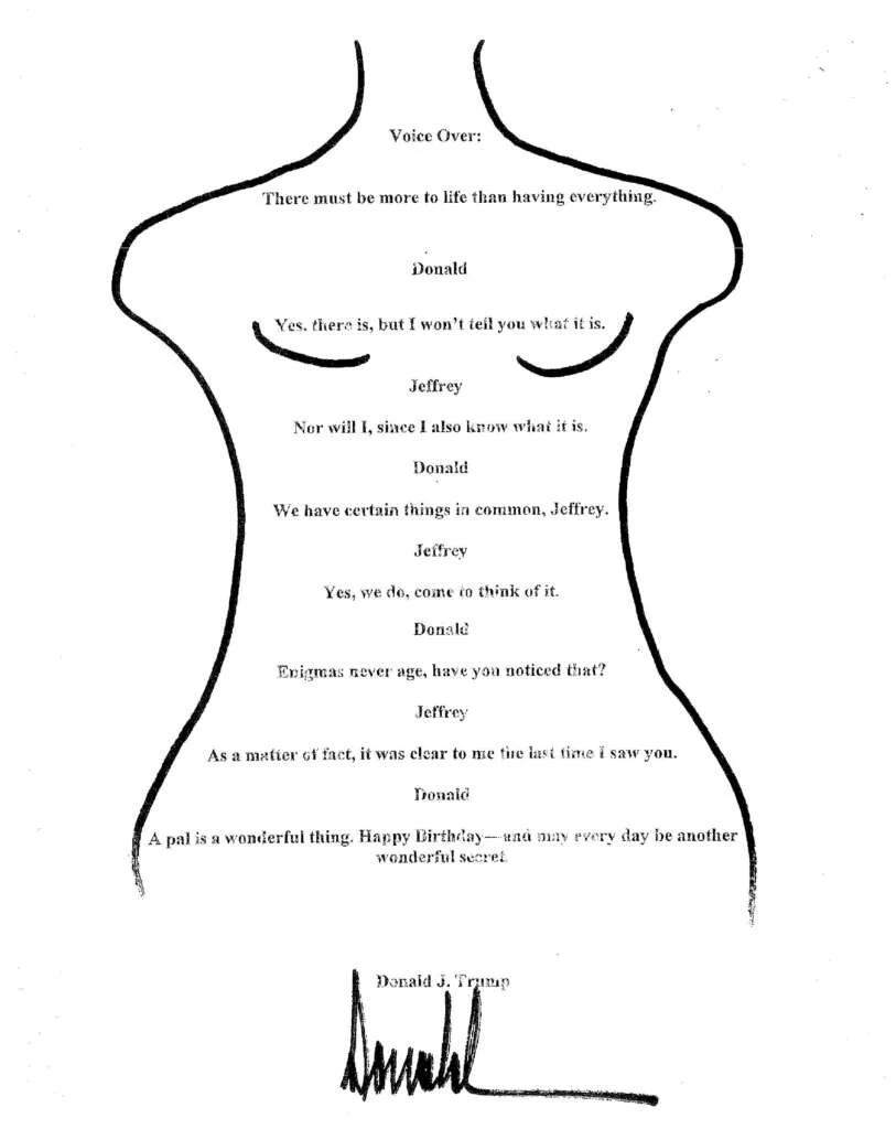 Do we know why Esptein’s famous bday card from Trump says “voice over” on it?