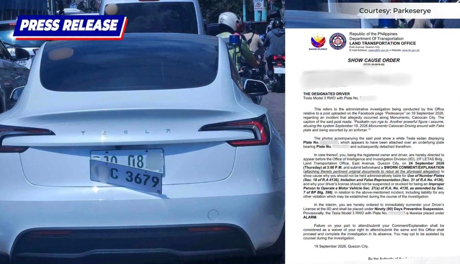 LTO summons Tesla owner, driver over unauthorized plate used 'for a shoot'