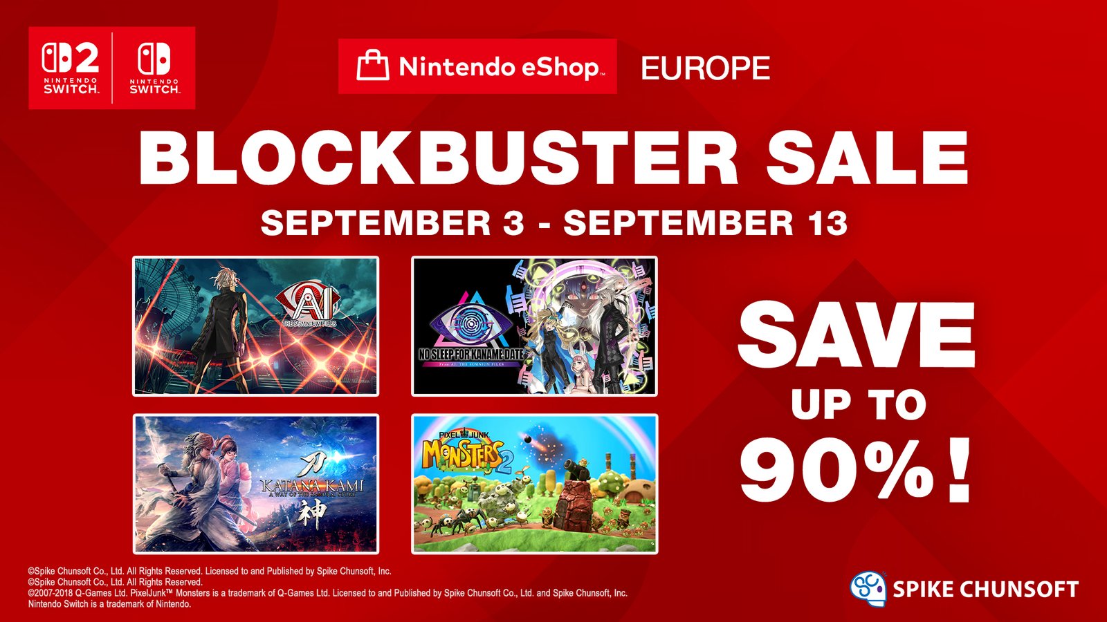 Save up to 90% on Spike Chunsoft Games During the Blockbuster Sale on Nintendo eShop Europe September 3, 2026 to September 13, 2026 - Spike Chunsoft